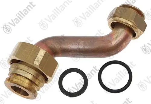 Vaillant Rohr mit einer gebogenen Verbindung und zwei Mutteranschlüssen, begleitet von zwei O-Ringen in schwarz.